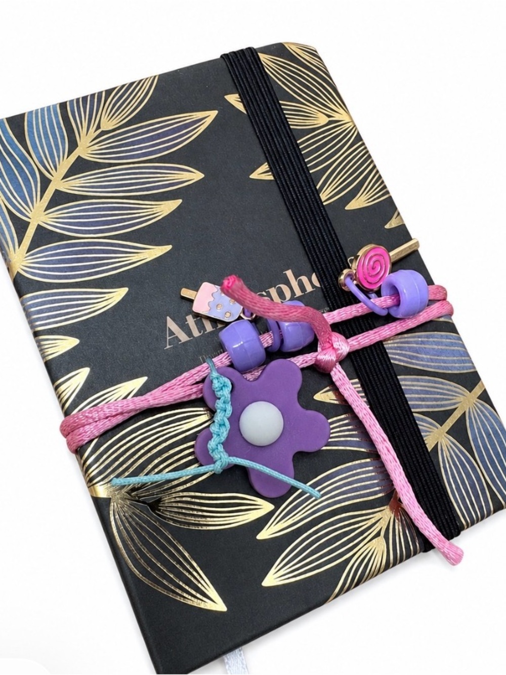 Purple Flower Charm Notebook with Pink Cord